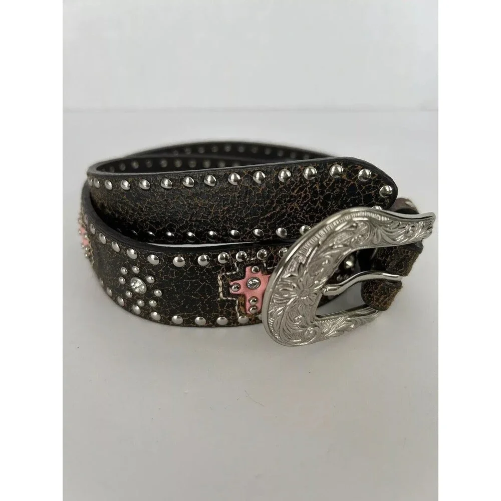 Nocona Western‎ Girls Youth Belt Studded Pink Cross Hearts Brown Leather Size 20